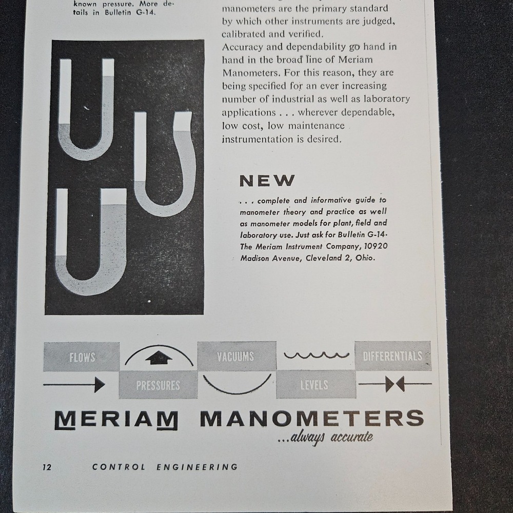 1958 Meriam Manometers U-Type Vintage Print Ad Cleveland OH Electronics Meter